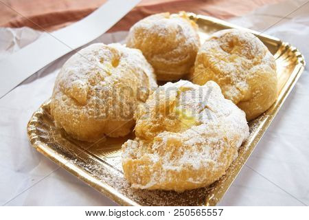 Italian Cream Puff Stuffed With Custard Typical Of Father Day And Called Puff Of St Joseph