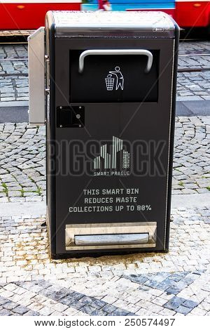 Prague, Czech Republic -july 23,2017: A View Of Recycling Bin In The Street Of A Modern European Cit