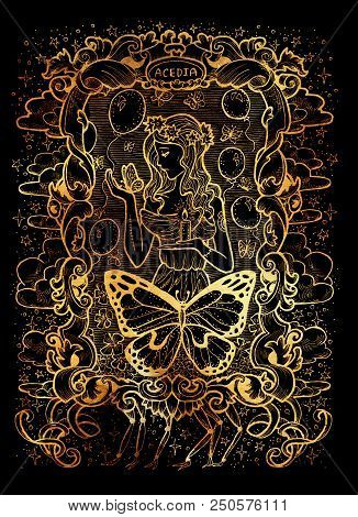 Sloth. Latin Word Acedia Means Despair. Seven Deadly Sins Concept On Black Background. Hand Drawn En