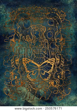 Sloth. Latin Word Acedia Means Despair. Seven Deadly Sins Concept, Gold Silhouette On Blue Backgroun