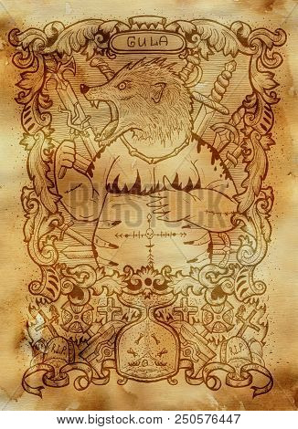 Gluttony. Latin Word Gula Means Obesity. Seven Deadly Sins Concept On Old Paper Background. Hand Dra