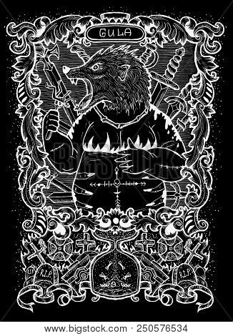 Gluttony. Latin Word Gula Means Obesity. Seven Deadly Sins Concept, White Silhouette On Black Backgr