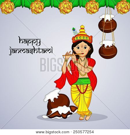 Illustration Of Hindu God Krishna And Hanging Pots Of Butter With Happy Janmashtami Text On The Occa