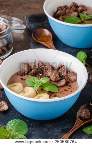 Chocolate Pudding, Banana And Herbs In