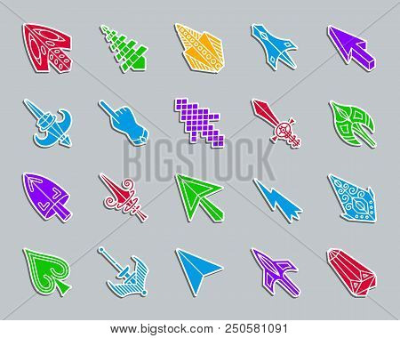 Mouse Cursor Silhouette Sticker Icons Set. Web Sign Kit Of Arrow. Click Pictogram Collection Include