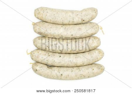 Group Of Five Whole Bavarian White Sausage Flatlay Isolated On White