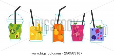 Collection Of Different Colorful Smoothies, Fruit Shakes In A Bottles, Glass, Mason Jars