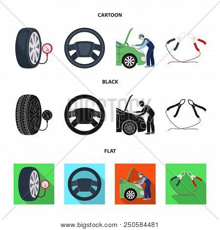 Engine Adjustment, Steering Wheel, Clamp And Wheel Cartoon, Black, Flat Icons In Set Collection For 