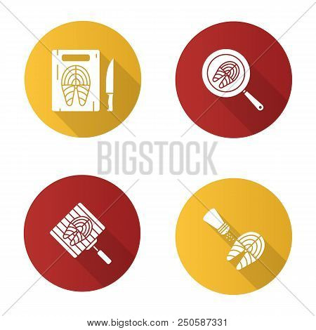 Fish Preparation Flat Design Long Shadow Glyph Icons Set. Cutting, Frying, Grilling, Salting Fish St