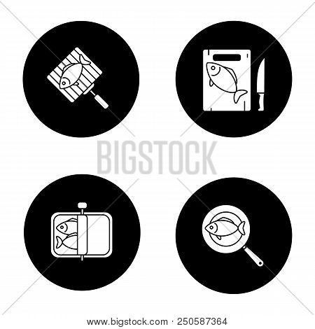 Fish Preparation Glyph Icons Set. Canned, Fried, Cutted And Grilled Fish. Vector White Silhouettes I