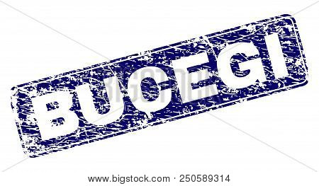 Bucegi Stamp Seal Print With Grunge Texture. Seal Shape Is A Rounded Rectangle With Frame. Blue Vect