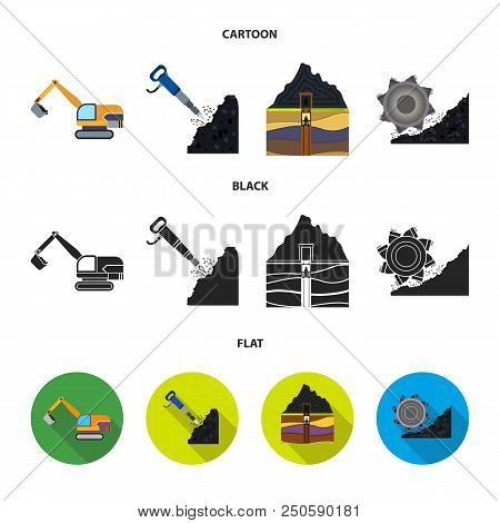 Excavator, Tunnel, Elevator, Coal Harvester And Other Equipment.mine Set Collection Icons In Cartoon
