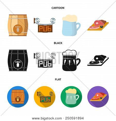 A Wooden Barrel With A Faucet, A Pub Sign, A Mug Of Beer, Pieces Of Meat On A Board.pub Set Collecti
