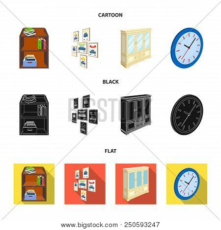 Cabinet, Shelving With Books And Documents, Frames On The Wall, Round Clocks. Office Interior Set Co