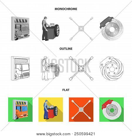 Wheel Balancing, Spanner And Brake Disc Flat, Outline, Monochrome Icons In Set Collection For Design