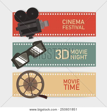 Collection Of Horizontal Web Banner Templates With Retro Camera, 3d Glasses, Reel And Film Perforati