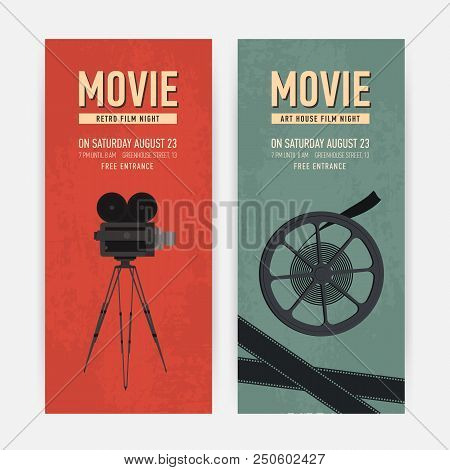Set Of Vertical Banner Templates With Old Camera On Tripod, Film Reel And Place For Text. Colorful F