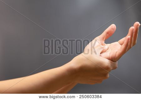 Woman Wrist Arm Pain. Office Syndrome Healthcare And Medicine Concept