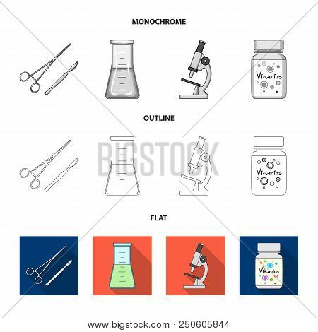 A Bank Of Vitamins, A Flask With A Solution And Other Equipment.medicine Set Collection Icons In Fla