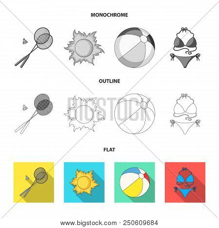 A Game Of Badminton, A Ball And The Sun.summer Vacation Set Collection Icons In Flat, Outline, Monoc