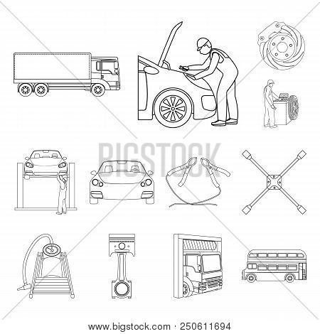 Car, Lift, Pump And Other Equipment Outline Icons In Set Collection For Design. Car Maintenance Stat
