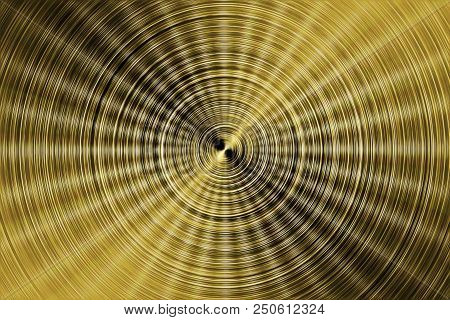 Brushed Radial Golden Metal Surface. Polished Concentric Circles Pattern. Texture Of Metal. Abstract