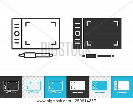 Graphic Tablet Black Linear And Silhouette Icons. Thin Line Sign Of Stylus. Pad Outline Pictogram Is