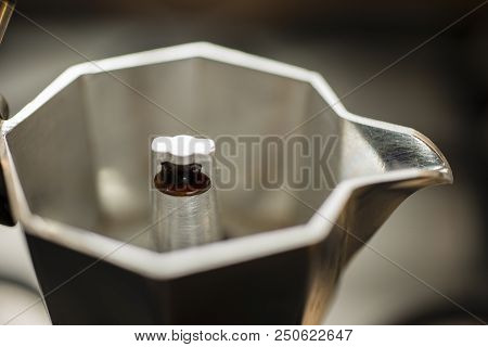 Traditional Italian Moka Machine With Fresh Hot Coffee Coming Up.