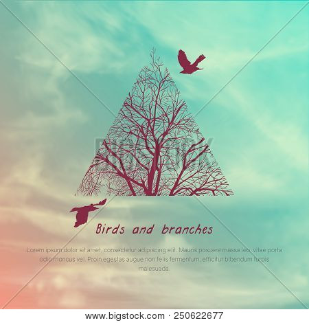 Square Banner With Crows And Tree Branches. Template For Postcard, Poster Or Advertisement