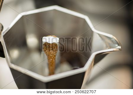 Traditional Italian Moka Machine With Fresh Hot Coffee Coming Up.