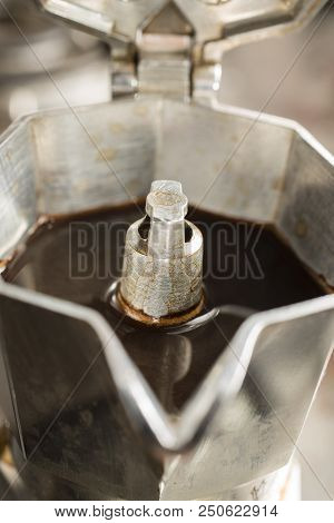 Traditional Italian Moka Machine With Fresh Hot Coffee Coming Up.