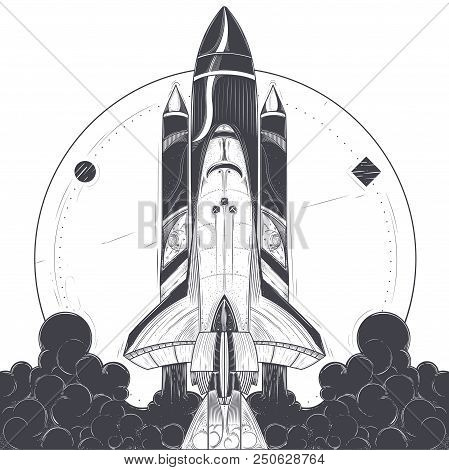 Space Shuttle Take-off With Fire And Smoke Exhaust From Engines Engraved Illustration On White Backg