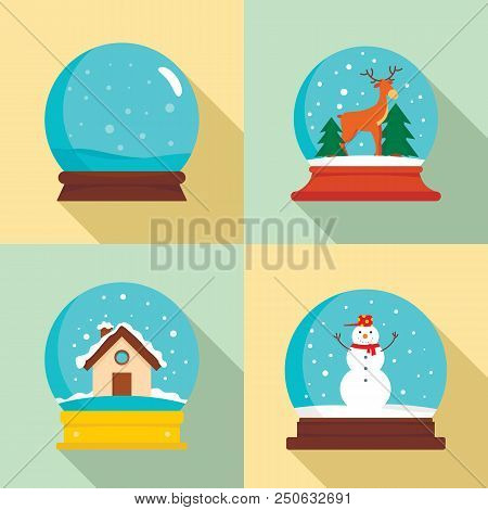Snow Globe Ball Christmas Winter Icons Set. Flat Illustration Of 4 Snow Globe Ball Christmas Winter 