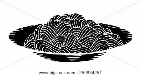 Black And White Doodle Noodle At Plate, Hand Drawing