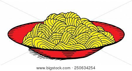 Yellow Noodle At Plate, Doodle Style Illustration, Hand Drawing