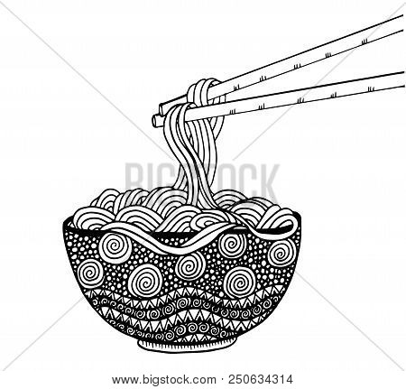 Doodle Noodle At Bowl And Stick. Hand Drawing