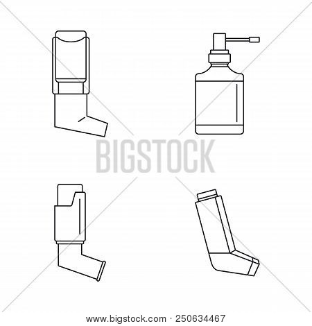 Inhaler Breather Deep Breath Health Care Asthma Icons Set. Outline Illustration Of 4 Inhaler Breathe