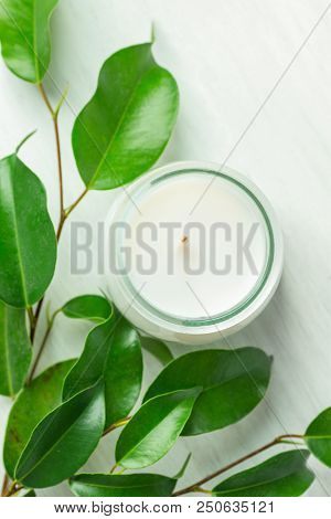 White Candle In Glass Jar Fresh Tree Branches With Tender Green Leaves On Wood Background. Spa Welln