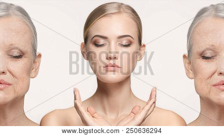 Comparison. Portrait Of Beautiful Woman With Problem And Clean Skin, Aging And Youth Concept, Beauty