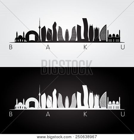 Baku Skyline And Landmarks Silhouette, Black And White Design, Vector Illustration.