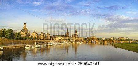 Dresden City Skyline Panorama At Elbe River With Dresden Cathedral, Dresden Germany