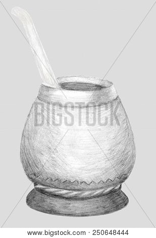 Calabash Gourd And Bombilla For Yerba Mate Tea. Hand Drawn Graphics. Pencil Sketch On Gray. Healthy 