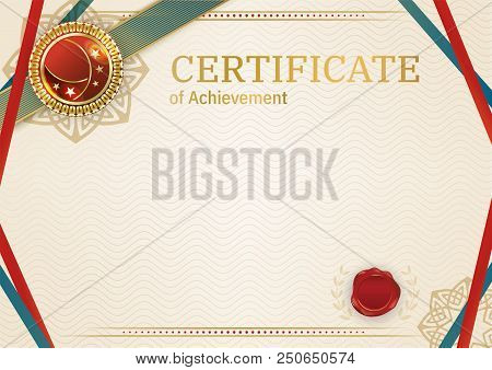 Official Retro Certificate With Red Gold Design Elements. Red Ribbon And Red Emblem. Vintage Modern 