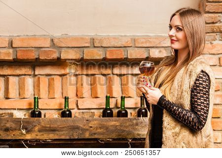 Elegant Beauty Lady Long Hair Full Make Up Wearing Black Dress Tasting Wine In Rural Cottage Interio