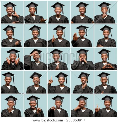 Young african american man wearing graduation cap very happy doing gesture with face and hands. Composition.