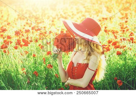Woman With Long Curly Hair In Red Dress And Retro Hat Hold Flower Bouquet In Field Of Poppy Seed On 