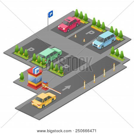 Parking Lot Isometric 3d Illustration For Construction Design. Isolated Section Outdoor Parking And 