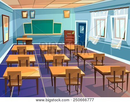 School Classroom Interior Cartoon Illustration. University Schoolroom Design With View On Blackboard