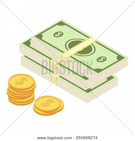 Dollar Coins Icon. Isometric Of Dollar Coins Vector Icon For Web Design Isolated On White Background
