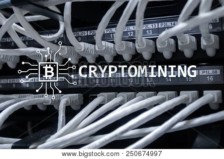 Cryptocurrency Mining Concept On Server Room Background.